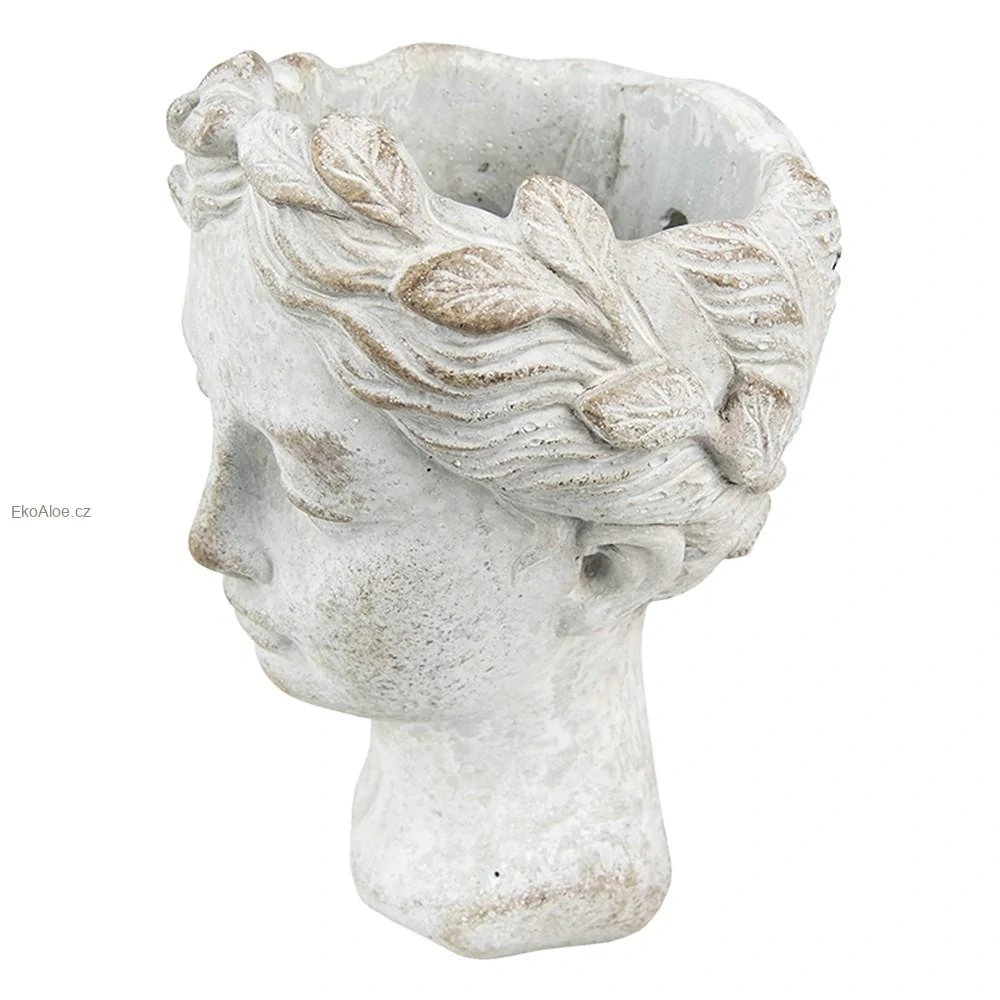 Šedý antik cementový nástěnný květináč hlava ženy - 17*13*21 cm