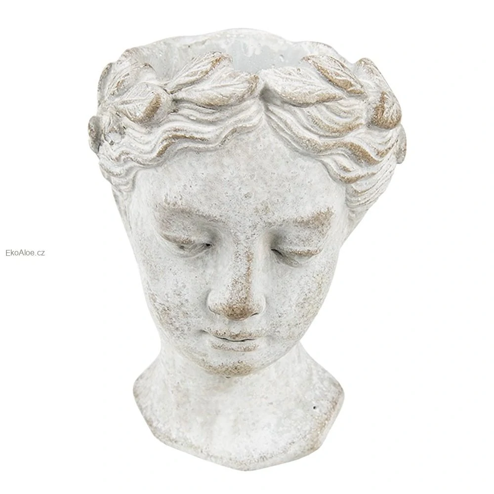Šedý antik cementový nástěnný květináč hlava ženy - 17*13*21 cm