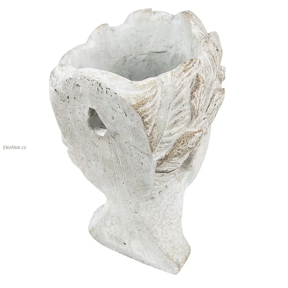 Šedý antik cementový nástěnný květináč hlava ženy - 17*13*21 cm